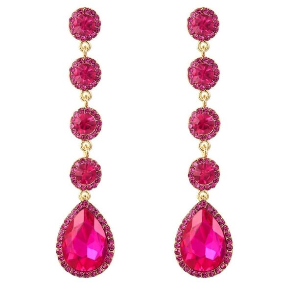 Yellow Gold with Pink Sapphire Austrian Crystal Teardrop Chandelier Earrings - Picture 1 of 4